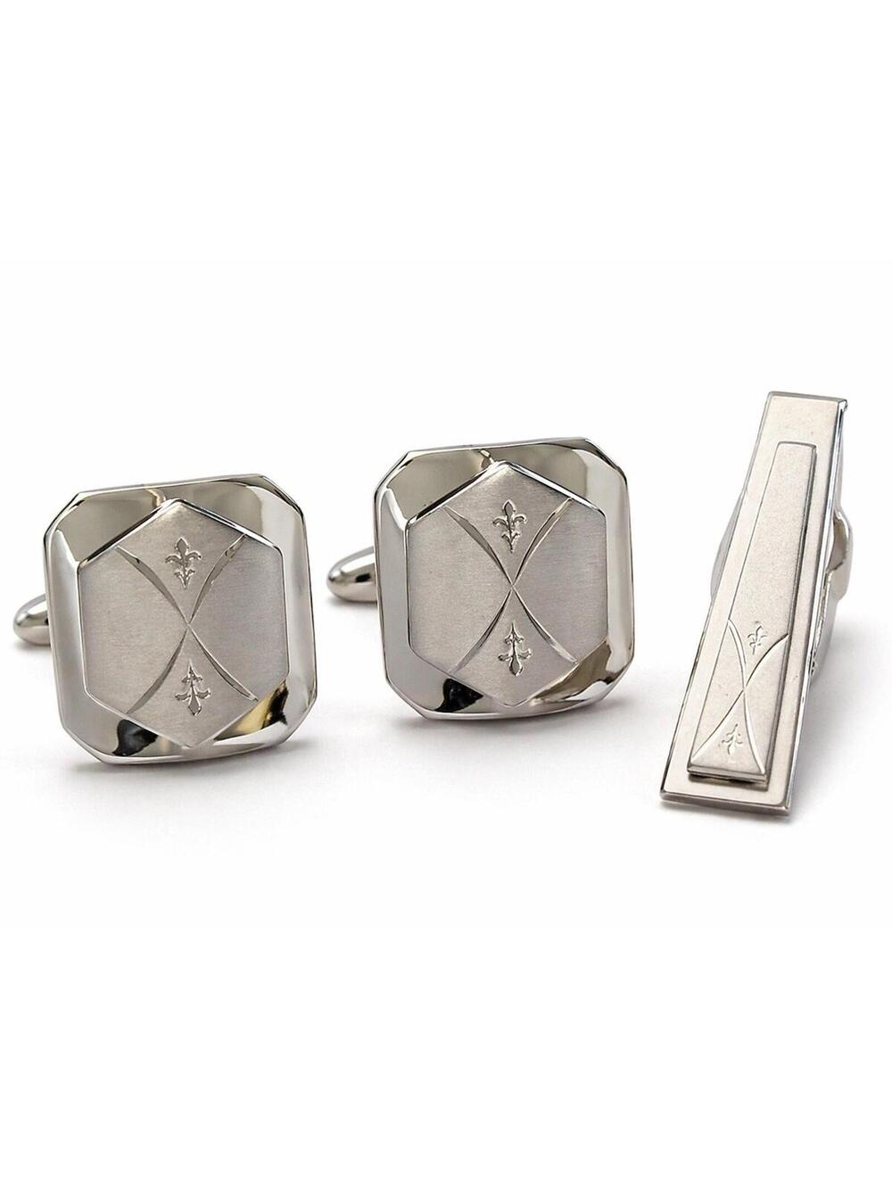 Vintage 1960s Silver Tone Cufflinks Tie Clip Set Engraved Mid Century Mens